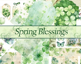 May include: A digital collage sheet with a spring theme featuring green four-leaf clovers, butterflies, and the text "Spring Blessings".