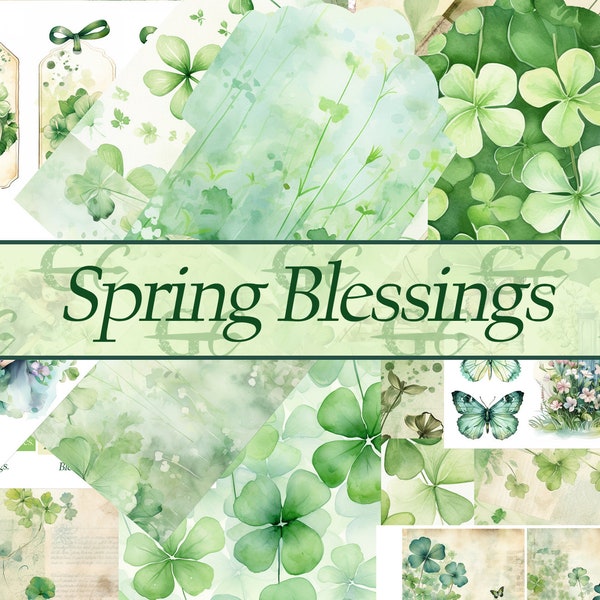 Spring Blessings: Printable Crafting Set for Junk Journals, Scrapbooks, Stationery, clovers, flowers, butterflies, Blessing sentiments