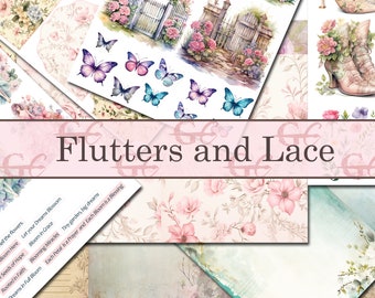 Flutters en kant: Memorydex-kaarten, bloemenmeisjes, bloemen, dagboekpagina's, mooie schoenen, zoete gevoelens, chique vlinders, bloementuin