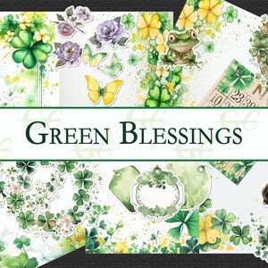 May include: A digital paper pack with watercolor illustrations of shamrocks, butterflies, frogs, and other green elements. The title "GREEN BLESSINGS" is displayed across the top of the pack.