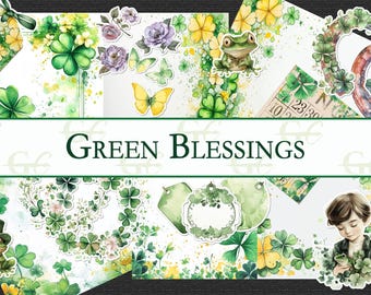 May include: A digital paper pack with watercolor illustrations of shamrocks, butterflies, frogs, and other green elements. The title "GREEN BLESSINGS" is displayed across the top of the pack.