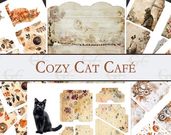 May include: A digital collage sheet with a vintage aesthetic featuring images of cats, coffee cups, and fall leaves. The sheet is titled "Cozy Cat Cafe".