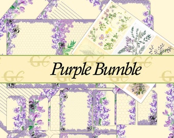 May include: A digital paper pack with a purple and white floral theme. The pack includes various designs with a honeycomb pattern, stripes, and floral borders. The text "Purple Bumble" is featured on a banner.