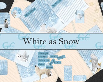 May include: A digital printable scrapbook paper pack with a winter theme. The paper features a white background with blue and white patterns. The paper includes images of polar bears, owls, and wolves. The text "White as Snow" is featured on the paper.
