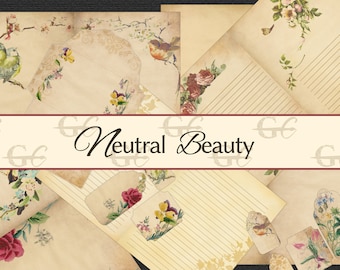 May include: A collection of vintage-style paper ephemera with floral and bird illustrations. The papers are cream-colored with a distressed look and feature delicate floral designs, birds, and a title that reads "Neutral Beauty".