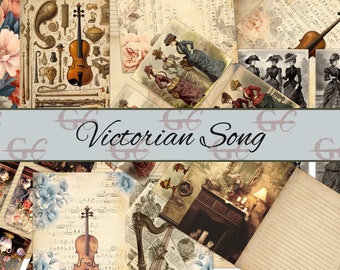 May include: A digital collage featuring vintage images of Victorian era women, musical instruments, flowers, and sheet music. The text "Victorian Song" is displayed in a banner across the center of the image.