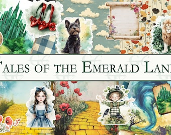 May include: A collage of watercolor illustrations featuring elements from The Wizard of Oz. Includes ruby slippers, a dog, a lion, a girl in a blue dress, a scarecrow, and the text "TALES OF THE EMERALD LAND".