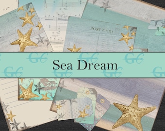 May include: A collection of vintage-style paper ephemera with a sea theme. The papers feature a blue and white color scheme with gold accents. The papers are decorated with starfish, seashells, and nautical designs. The papers are perfect for scrapbooking, card making, and other paper crafts.