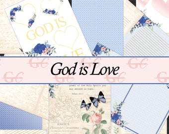 May include: A collage of digital papers with a floral theme. The papers feature blue and pink flowers, butterflies, and a quote about the power of the Holy Spirit. The papers are perfect for scrapbooking, card making, or other crafting projects.