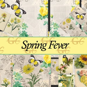 May include: A collage of images featuring yellow flowers, butterflies, and birds. The title "Spring Fever" is displayed in a yellow banner with a repeating pattern of the letter "G".