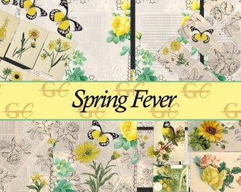 May include: A collage of images featuring yellow flowers, butterflies, and birds. The title "Spring Fever" is displayed in a yellow banner with a repeating pattern of the letter "G".