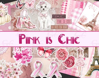 May include: Pink and white digital paper pack with a variety of images including a white dog, a purse, butterflies, flowers, and the Eiffel Tower. The text "Pink & Sweet, Pink is Chic, La Vie en Rose" is visible in the image.