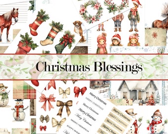 Christmas Blessings: Winter, Farm, Christmas ephemera, Junk Journals, Cards, Scrapbooking, Stationery Paper,greens and reds