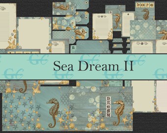 May include: A digital scrapbooking kit with a seahorse, starfish, and seashell theme. The kit includes various papers, frames, and embellishments in shades of blue, beige, and gold. The title "Sea Dream II" is displayed on a turquoise banner.