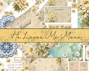 May include: A digital collage sheet featuring a variety of vintage-style images with a daisy theme. The images include a journal cover, a postcard, a lace doily, and several floral arrangements. The text "He Loves Me More" is featured in a banner across the center of the collage.