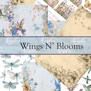 Könnte beinhalten: Eine Sammlung digitaler Papiere mit Aquarell-Illustrationen von Kolibris, Schmetterlingen, Libellen und Blumen. Die Papiere haben eine Vintage-Ästhetik und enthalten Texte wie "Fly high and let your dreams flower" und "Always be kind".