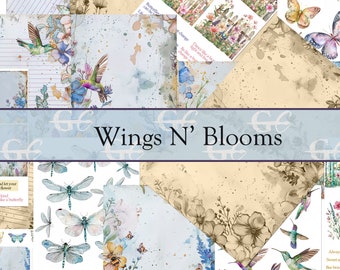 Wings N Blooms: Kolibris, Libellen, Schmetterlinge und Bienen, Junk-Tagebuch-Set, Ephemera-Briefpapier und Memorydex-Karten sowie Papierbasteleien