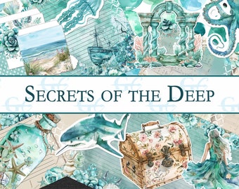 May include: A digital collage sheet with a nautical theme. The sheet features images of a shark, an octopus, a treasure chest, a bottle with a message, a ship, and a mermaid. The text "Secrets of the Deep" is written in a decorative font.