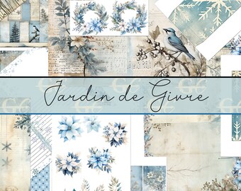 May include: A digital paper pack with a winter theme. The pack includes various images of blue flowers, wreaths, snowflakes, and a bird on a branch. The text "Jardin de Givre" is displayed on a blue banner.