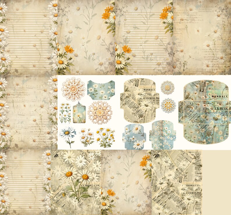 He Loves Me: Daisy themed Printable Crafting Set for Junk Journals, Scrapbooks, Stationery, with coordinating ephemera. image 3