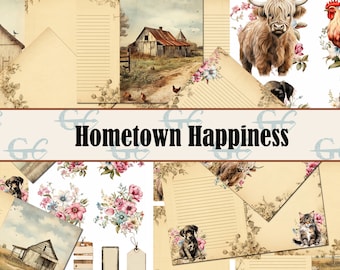 May include: A collage of stationery and illustrations with a rustic, vintage theme. The image includes lined paper, watercolor paintings of farm scenes, animals, and floral arrangements. The text "Hometown Happiness" is displayed across the center.