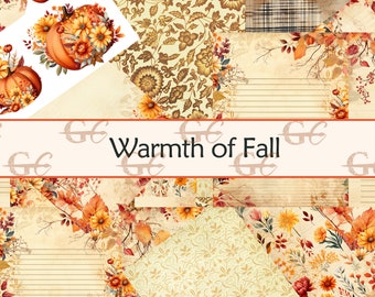 May include: A digital collage of fall-themed images, including pumpkins, leaves, and flowers. The collage is in warm colors of orange, yellow, and brown. The text "Warmth of Fall" is displayed in the center of the collage.