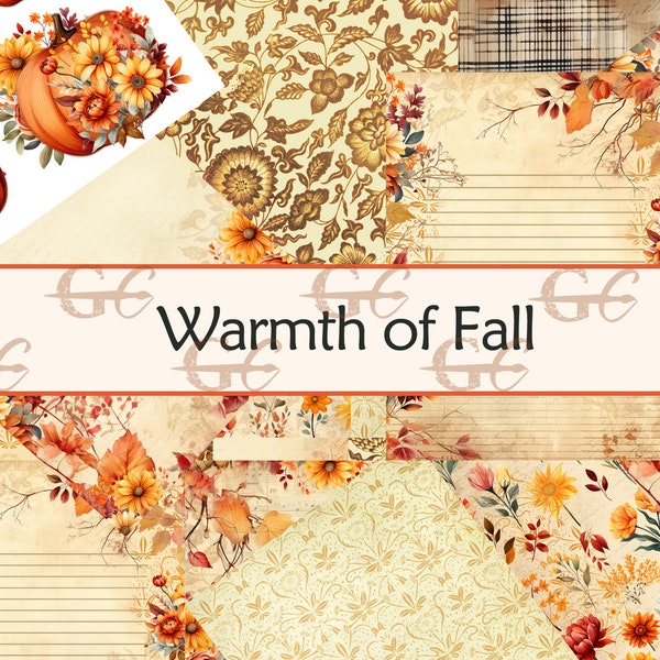 Warmth of Fall :Fall themed printable for Scrapbooks, Stationery, Junk Journal, trees, leaves, florals, pumpkins, autumn