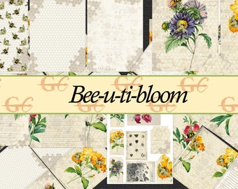 May include: A collage of floral and bee-themed scrapbook paper and ephemera. The design includes vintage botanical illustrations of flowers, honeycomb patterns, and bee motifs. The text "Bee-u-ti-bloom" is displayed across the center.