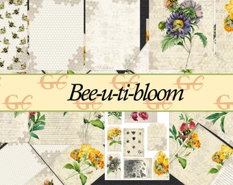 Bee-u-ti-ful Bloom: Printable Crafting Set for Junk Journals, Scrapbooks, Stationery, honey bee, bumble bee, flowers, vintage bees, ephemera