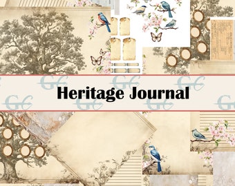 Heritage Journal : family tree  Printable Crafting Set for Junk Journals, Scrapbooks, Stationery, with coordinating ephemera.