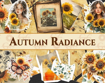 May include: A collage featuring the text "Autumn Radiance" with illustrations of sunflowers, butterflies, and vintage-style portraits. The color palette includes warm tones of yellow, orange, and brown, evoking a sense of autumn.