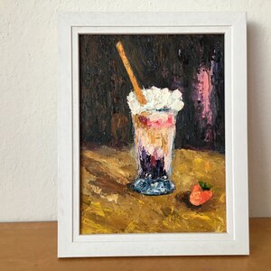 Ice Cream Strawberry Dessert Oil Painting On Canvas Board Original Signed Kitchen Wall Art Decor