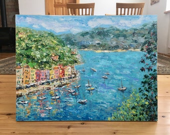 Large Portofino Coast Impasto Oil Painting On Canvas Original Signed Italy Seascape Wall Art Decor