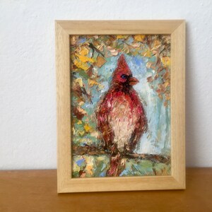 Red Cardinal Bird Impasto Oil Painting On Canvas Board Original Signed Bird Wall Art Decor