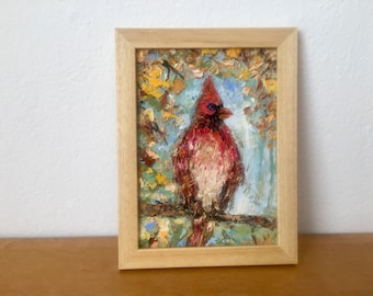 Red Cardinal Bird Impasto Oil Painting On Canvas Board Original Signed Bird Wall Art Decor