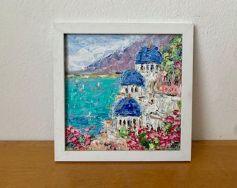 Santorini Grekland Landskap Impasto Oljemålning på Duk Original Abstrakt Marinlandskap Väggkonst Dekor