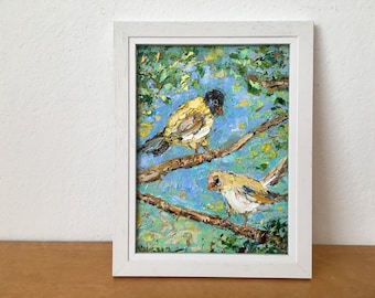 Deux oiseaux empâtement peinture à l'huile sur toile, décoration murale printanière originale signée