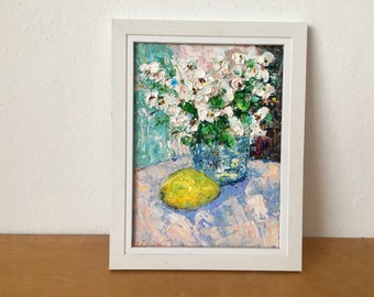 Blooming Apple Tree Branch Impasto Oil Painting On Canvas Board Original Signed Floral Lemon Still Life Wall Art Decor