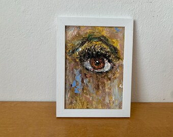 Pintura al óleo de ojos marrones empastada sobre lienzo, original, firmada, arte de pared para decoración.