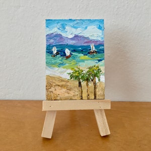 Velero Océano ACEO Impasto Pintura al óleo sobre cartón Original firmado Paisaje marino Palmeras Pequeña decoración de arte de pared