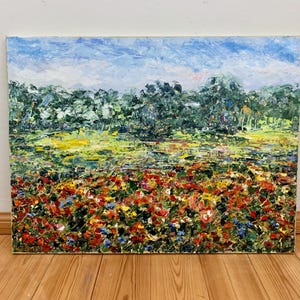 Poppy Field Impasto Oil Painting On Canvas Original Signed Summer Landscape Wall Art Decor