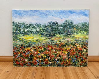 Poppy Field Impasto Oil Painting On Canvas Original Signed Summer Landscape Wall Art Decor