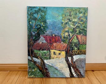 Village Landscape Impasto Oil Painting On Canvas Original Signed Colorful Houses Wall Art Decor