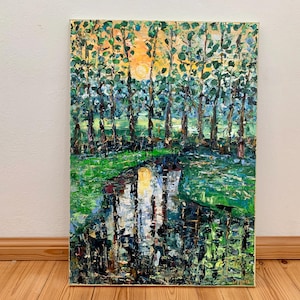Sunset Landscape Impasto Oil Painting On Canvas Original Signed Trees Forest Wall Art Decor