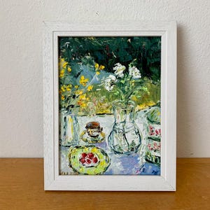 Naturaleza muerta de verano con flores y cerezas, pintura al óleo sobre cartón, original, firmada, decoración de pared para jardín de verano