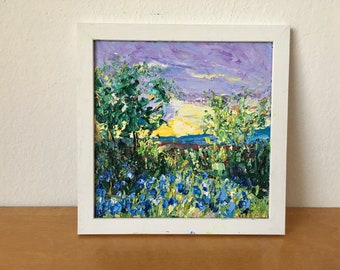 Pintura al óleo de Texas Bluebonnet sobre lienzo, original, paisaje de colinas de Texas, decoración de pared