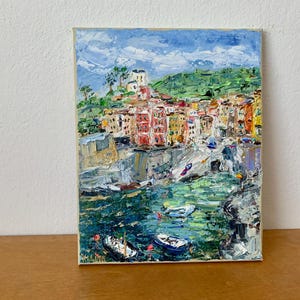 Riomaggiore Italian Village Impasto Oil Painting On Canvas Original Abstract Cinque Terre Landscape Wall Art Decor