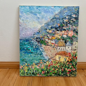 Positano Amalfi Coast Impasto Oil Painting On Canvas Original Signed Italy Seascape Floral Wall Art Decor