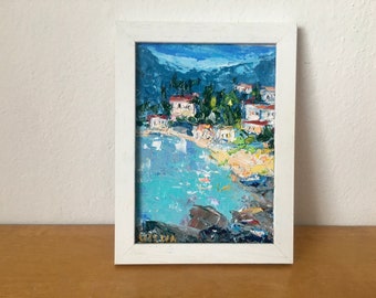 Italie Village paysage marin empâtement peinture à l'huile sur toile originale signée paysage côtier mur Art déco