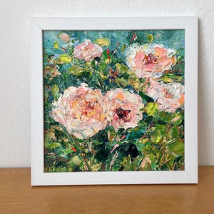 Pintura al óleo de rosas rosadas sobre cartón, original, firmada, para decoración de pared, con motivos florales